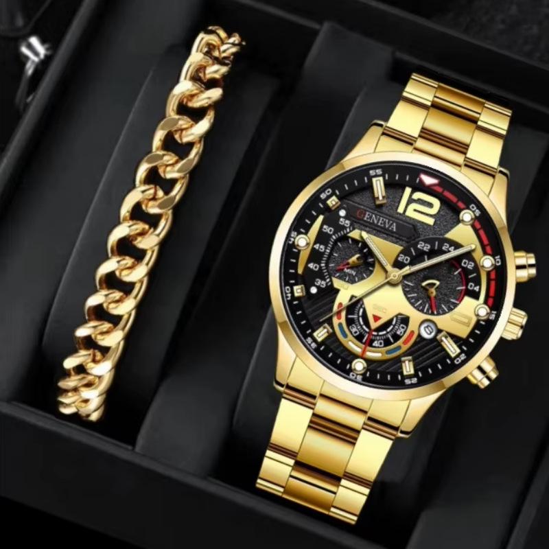 Geneva Men's Steel Band Fashion Calendar Wristwatch - Bestseller Personalized Business Set
