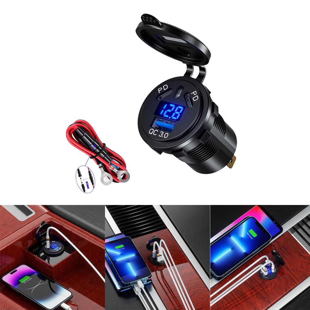 USB C Car Charger Socket 12V/24V USB C Outlet Ual 45W PD Type C & 18W 3.0 Port with LED Voltmeter