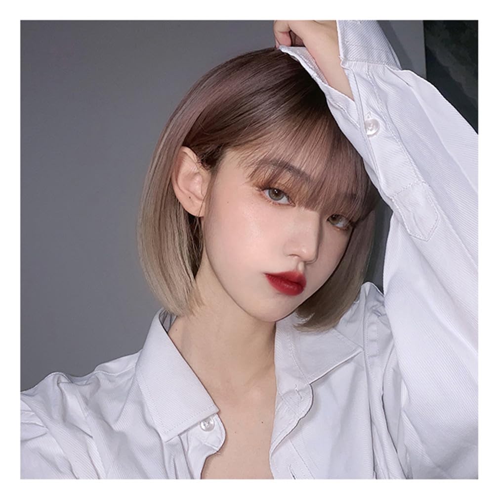 Eileen Bob Brown x Beige Parykk Naturlig Fluffy Parykk Rett Liten Ansiktseffekt Nett Inkludert Dame
