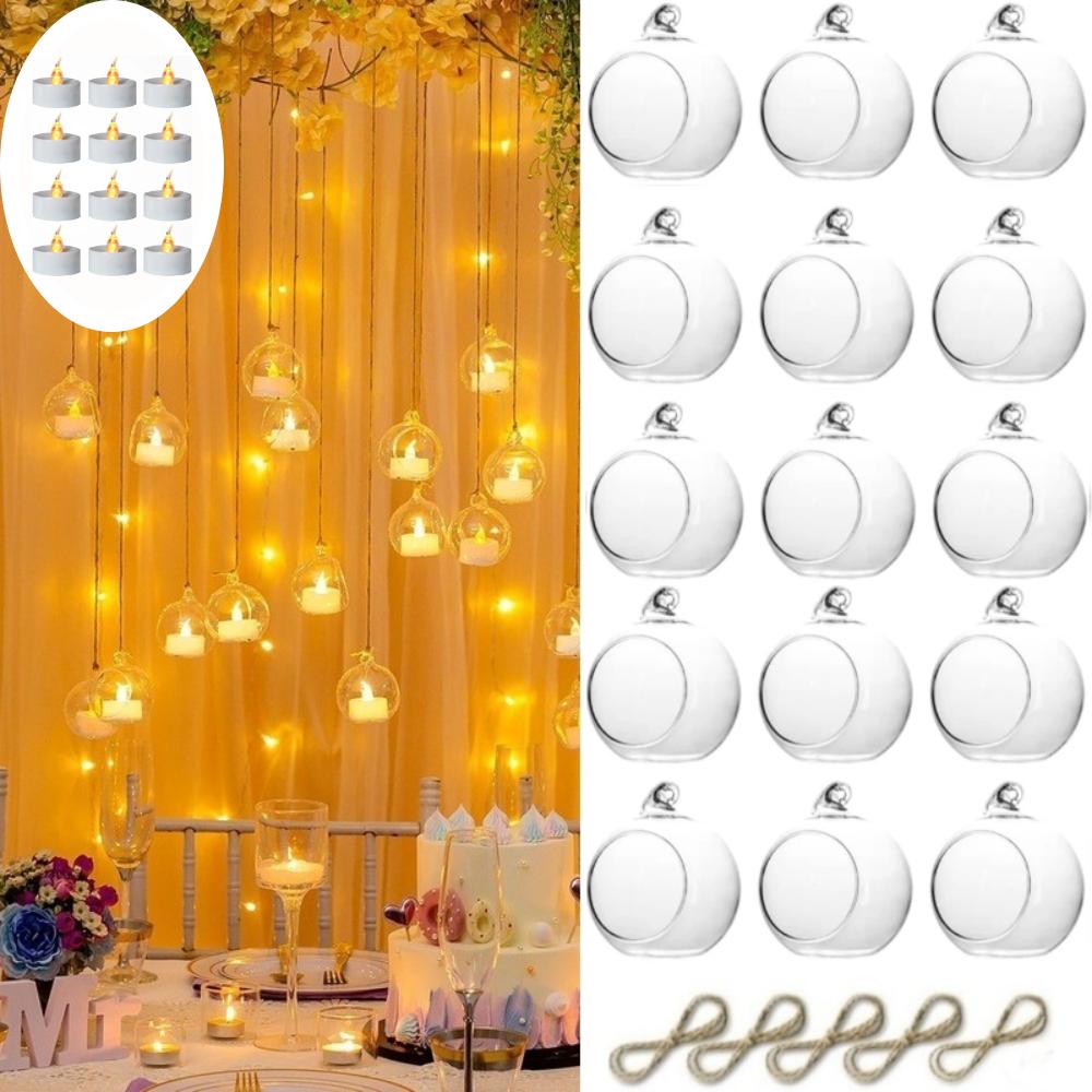 6/12Pcs Ball Hanging Glass Vases with LED Candle Terrarium Hanging Tealight Holder for Wedding Home Party Tree Decoration