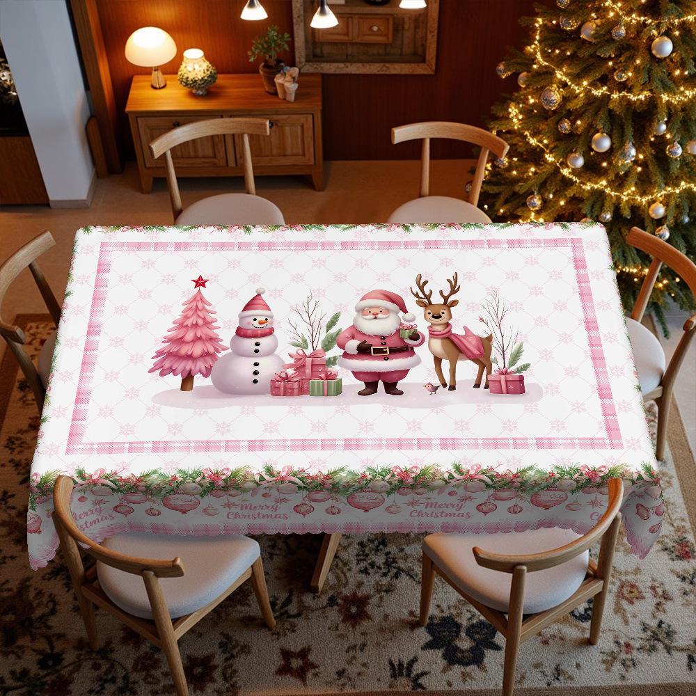 Pink Christmas, Christmas Tree Tablecloth Snowman Reindeer Print, Restaurant Cafe Tablecloth, Waterproof Tablecloth Round tablecloth-152x152cm