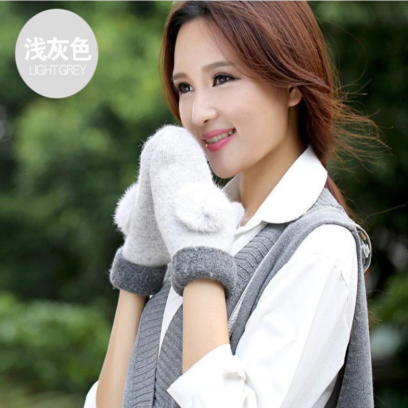 Autumn and winter gloves, wool women, super thick warm rabbit hairball double-layer thickened knit gloves