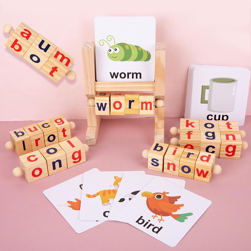 Wooden Rotating Letter Puzzle Blocks - Short Vowel Word Spelling Aid