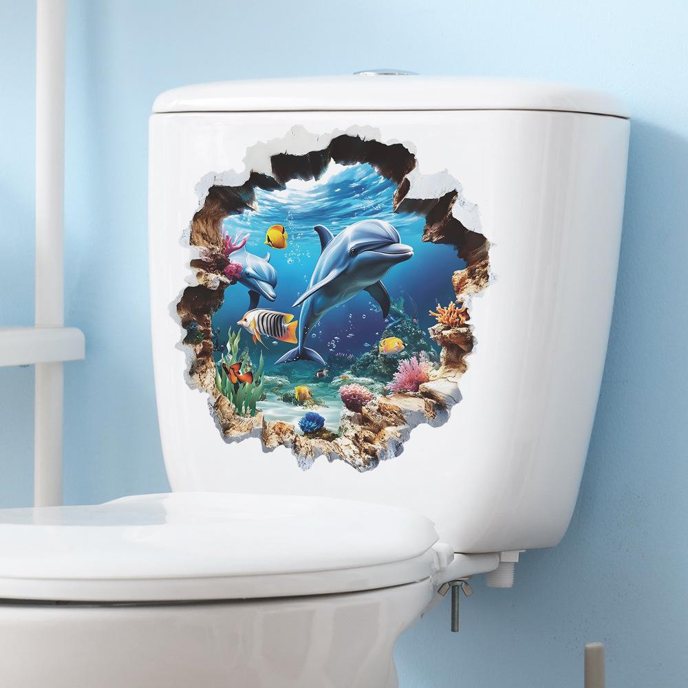 Ocean World Dolphin Toilet Wall Sticker Self-Adhesive Removable Waterproof for Bathroom Underwater Home Decor Art