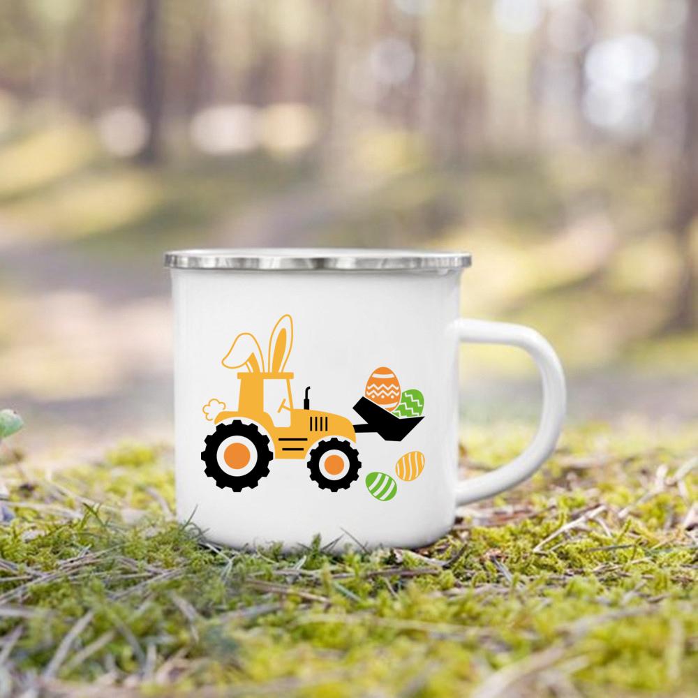 Cute Bunny Egg Print Cups Happy Easter Enamel Mugs Fall Easter Party Wine Juice Mug Dessert Cocoa Milk Handle Cup Gift for Child