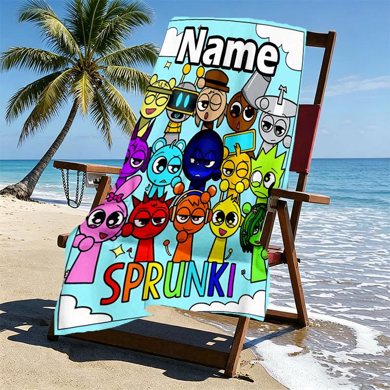 Custom Name Personalized Sprunki Game Print Beach Towel, for Trip Camping Beach Party Home Decor, Birthday Gift for Family & Friends