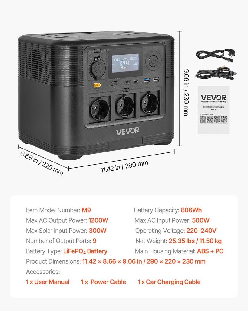 Portable Power Station, 1200W Solar Generator Power Station, 806Wh LiFePO4 Battery Backup with 9 Output Ports for Home Emergency, Outdoor Camping, RV