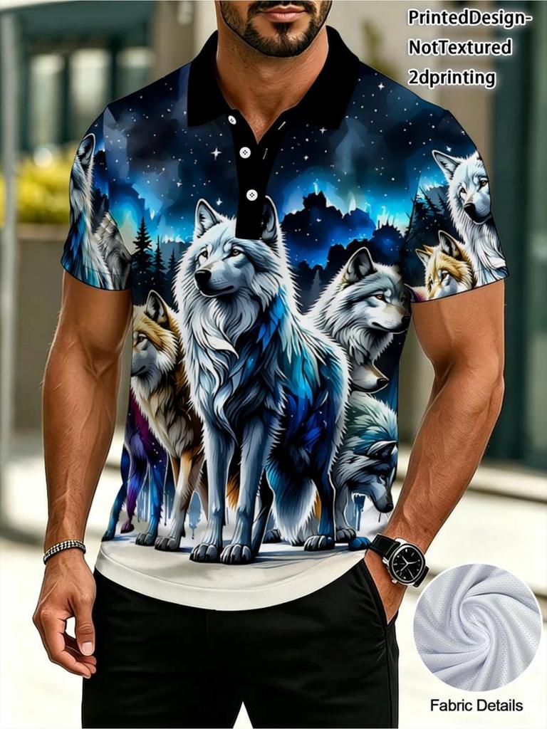 Men's Outdoor Polo Shirt, Colorful Wolf Print, Polyester Material, Multiple Specifications Available, Stylish & Durable, Suitable for Hiking & Outdoor