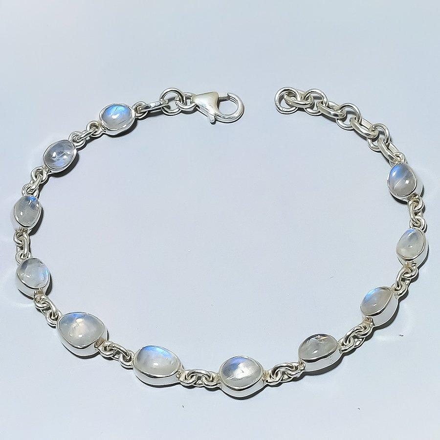 Natural Rainbow Moonstone Gemstone Handmade 925 Solid Silver Bracelet 7-8" a4N87