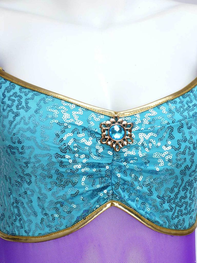 Womens Arab Princess Costume Contrast Color Gem Decor Sequined Tulle Overlay Sleeveless Jumpsuit Belly Dance Romper