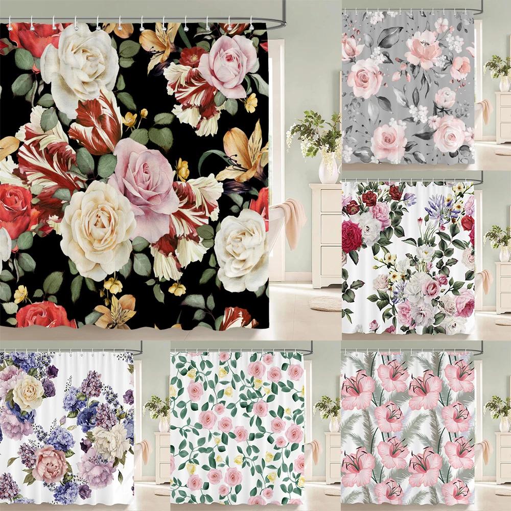 Elegant Floral Flowers Retro Rose Shower Curtain Polyester Bath Curtain Bathroom Decor Washable With Hook