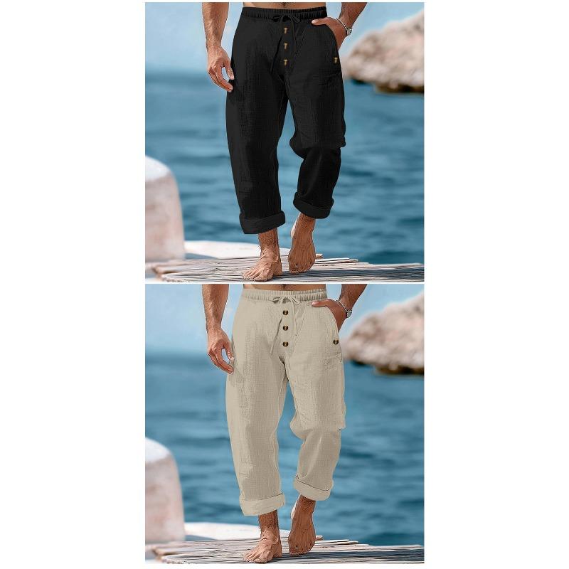 Men Solid Color Linen Loose Drawstring Button Casual Long Pants