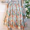 Korean Chic Spring Summer Women Midi Skirt Elastic Waist Colorful Floral Print Skirt Soft Vintage Cotton  A-Line Skirts