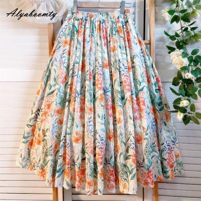 Saia Midi Feminina Chic Coreana Primavera Verão Cintura Elástica Colorida Estampa Floral Saia Macia Vintage Algodão Saias em Linha A