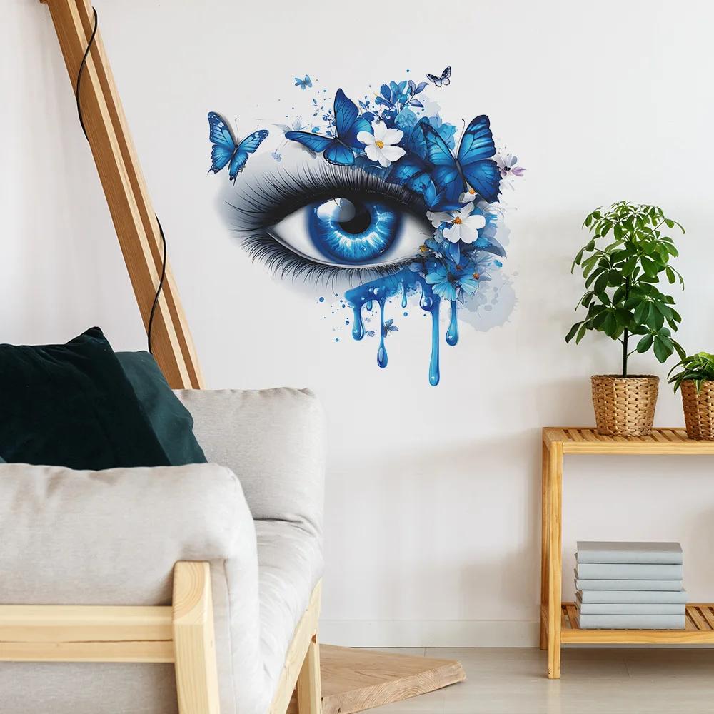 Blue Tearful Eye with Butterfly Wall Art Aesthetic Self Adhesive Vinyl Sticker for Bedroom Living Room Decor