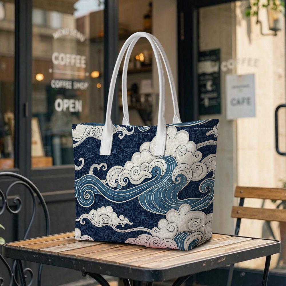 Japanese Wave Print Tote Bag Fashion Casual Large Capacity Shoulder Handbag for Daily Use