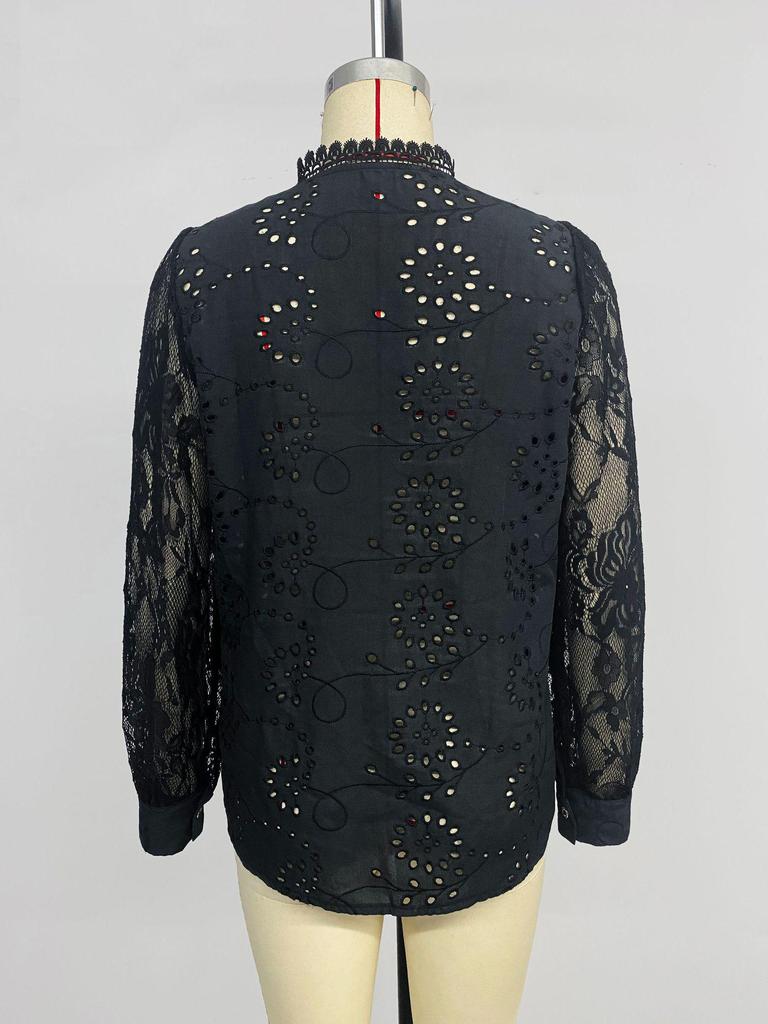 Elegant Black Lace Stand Collar Long Sleeve Shirt - Spring/Autumn 2025 Collection