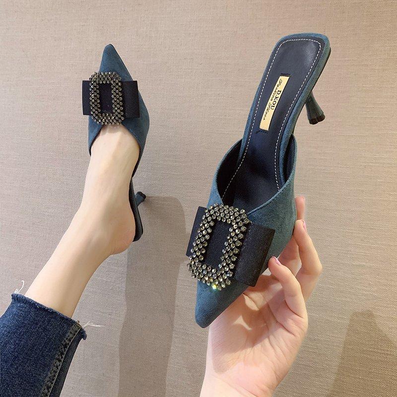 Fashion Autumn New Baotou Slippers Women's Fashion Pointed Head Shallow Mouth Rhinestone Square Head Temperament High Heels