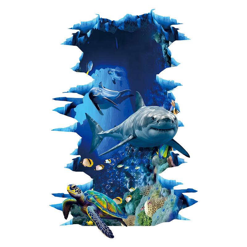 Onderwaterwereld 3D Haai Gebroken Muur Muursticker Zee Dieren Zelfklevende Pvc Sticker Badkamer Vloer Muur Decoratie