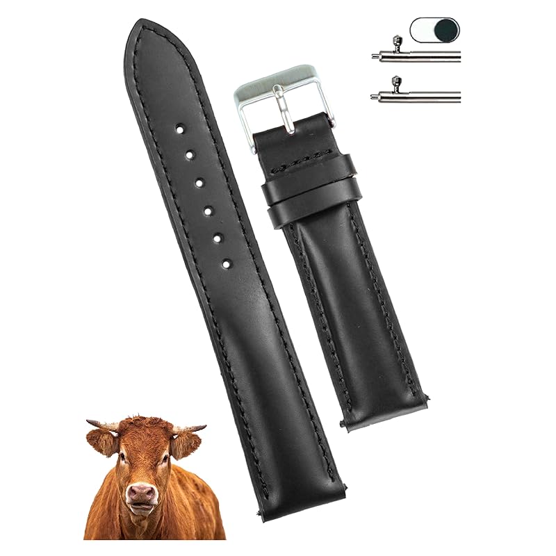 

[vinacreations] black 20mm cowhide genuine leather watch strap quick release spring bar men s calf leather replacement watch band leather With wrist