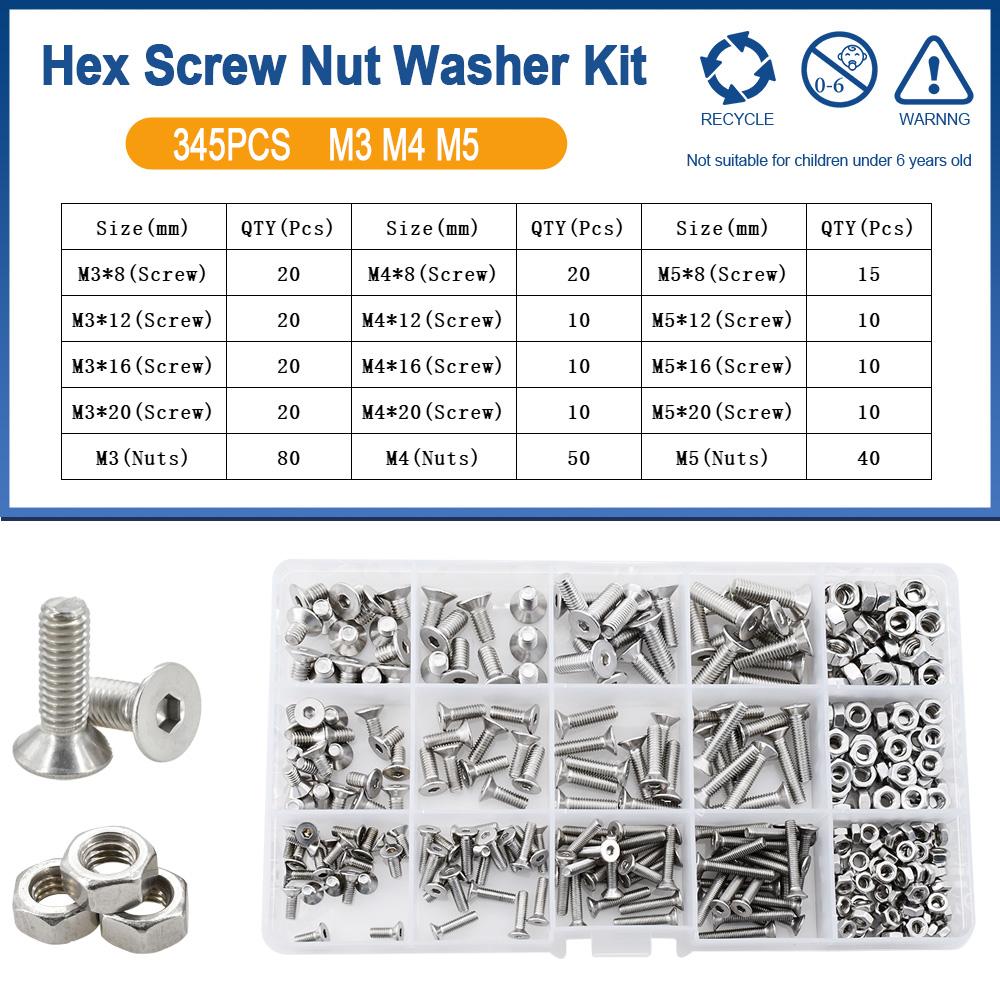 Hexagonal Countersunk Screw Nut Washer Set Metric Threaded Hex Bolt Nuts Spacer Kit Machine Screws Gasket Stainless Steel M2-M6