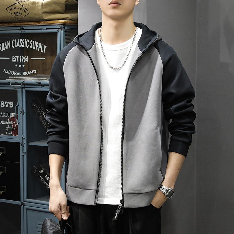 Spring 450G Heavy Hooded Cardigan Sweater Men'S High-End American Color Matching Shoulder Sleeve Jacket Sports Jacket