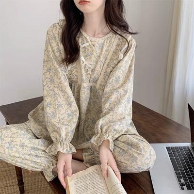 Pyjamas Damen Frühling und Herbst Ins Stil Französischer Landhausstil Studentenpyjamas mit langen Ärmeln für den Wohnbereich