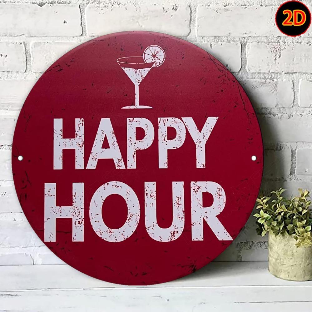 Red Happy Hour Rooster Cocktail Glass Circle Aluminum Sign Xcm Wall Art for Bar