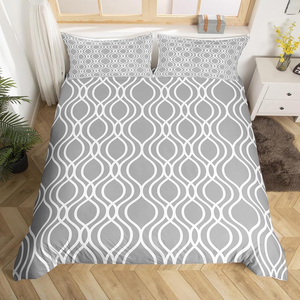 Geometric Modern Duvet Cover King Queen Black Gray Blue Comforter Cover with 2 Pillowcases Retro Stripes Geometry Bedding Set