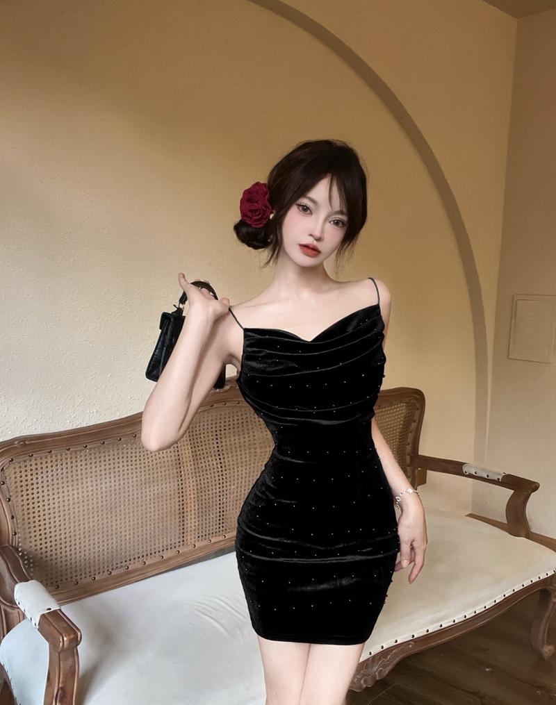 Celebrity temperament velvet suspender dress women's summer atmosphere waist thin bright diamond tube top hip short skirt