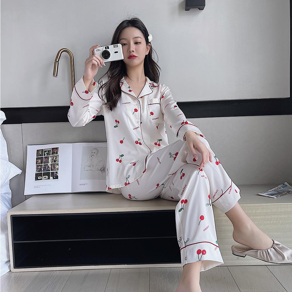Factory goods 1011 autumn new pajamas women's ice silk a Douyin Internet celebrity printed cherry loungewear