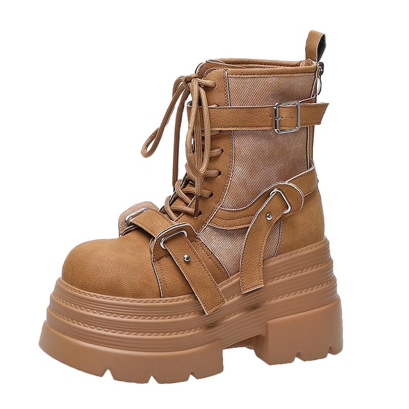 

Модная женская осенне-зимняя обувь, ботильоны-гладиаторы на массивном каблуке, кожаная панк-обувь с пряжкой, мотоциклетные ботинки, готические ботинки челси, женская обувь 10 см 37 коричневый