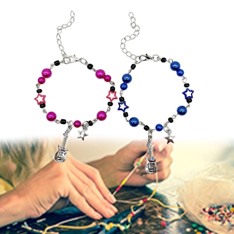 2Pcs Guitar Star Charm Bracelet Simple Beaded Bracelet Statement Jewelry Adjustable Wristband Couple Accessories