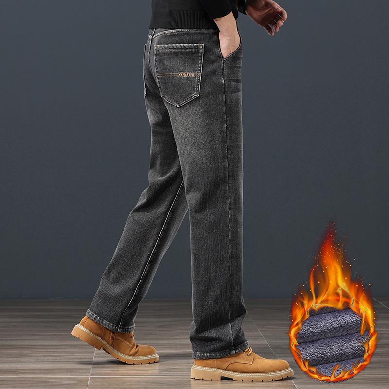 Pánské plus sametové rovné džíny volného střihu se šikmými kapsami – univerzální podzimní/zimní devítibodové kalhoty (Velká velikost k dispozici)