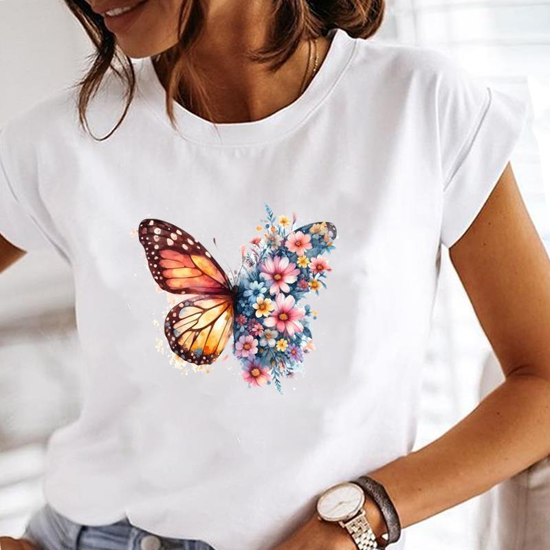 (Asian Size) Casual Clothing Printed Female Top T Shirt o-neck watercolor flower Short Sleeve T-shirts Lady Fashion Women Graphic Tee