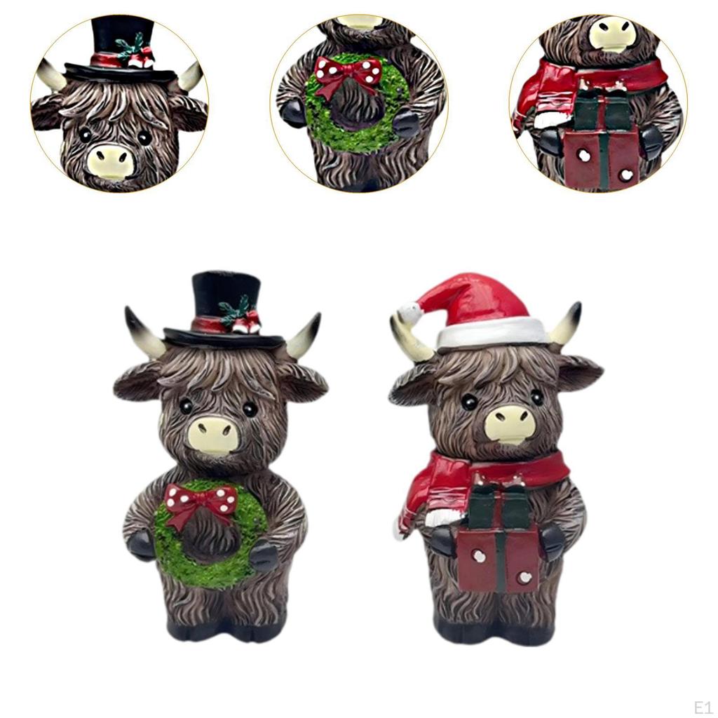 2Pcs Cow Statue Christmas Figurines Decorative Resin Ornament for Festival Bookshelf Cabinet