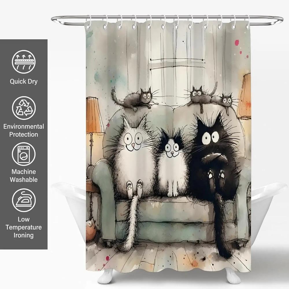Kawaii Cartoon Cat Printed Shower Curtain Cute Funny Animal Artwork For Kids Women Bathroom