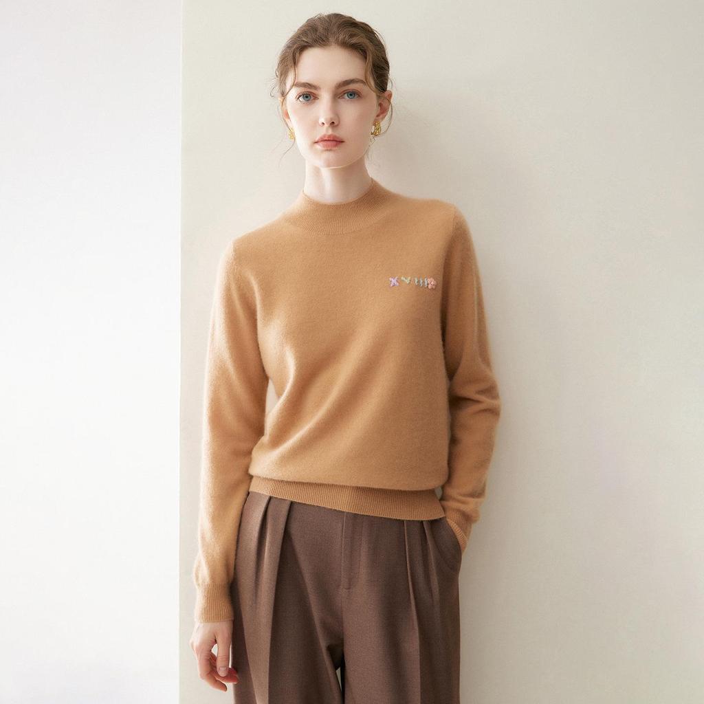 Women's Pure Cashmere Round Neck Sweater - Autumn/Winter Solid Color Warm Knit Pullover