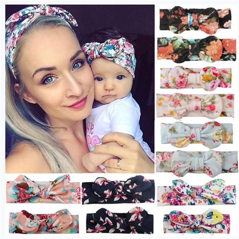 High Quality Casual Parent-child Print Bunny Ears Hair Accessory Bow Tie Hairband Mother Baby Stretch Headband