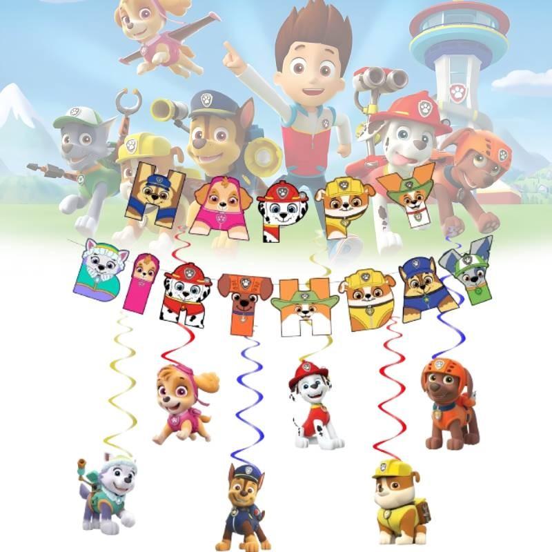 Bannière de fête d'anniversaire et ensemble de décorations spirales sur le thème de la Pat' Patrouille pour chiens