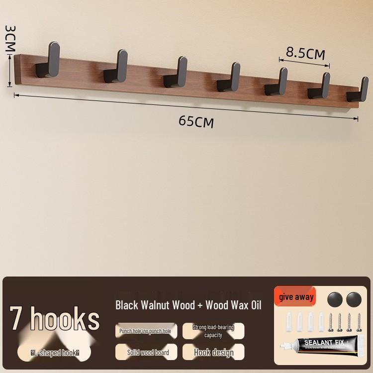 No-Drill Solid Wood Wall-Mounted Clothes and Hat Hook for Entrance or Hallway