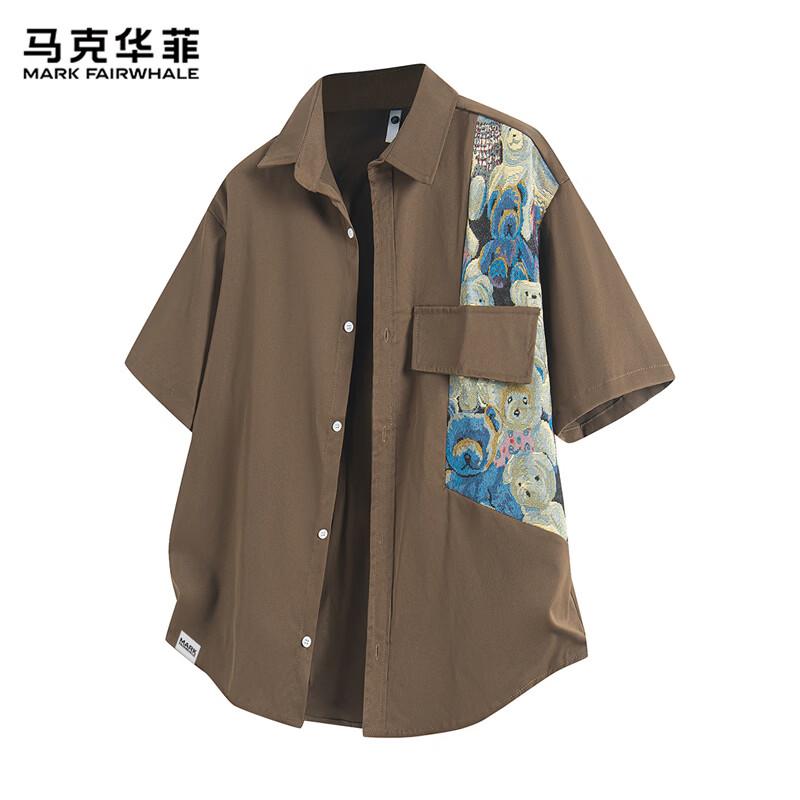 MARK FAIRWHALE Men s New Chinese Style Embroidered Patchwork Short-Sleeve Shirt XL