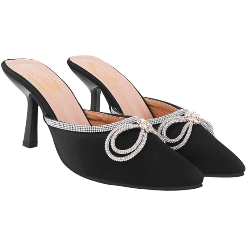 Shoetopia Women'S Black Elegant Ivory Satin Mule Heels With Crystal Bow Pointed Toe Slip-On Dress Rhinestone For Party