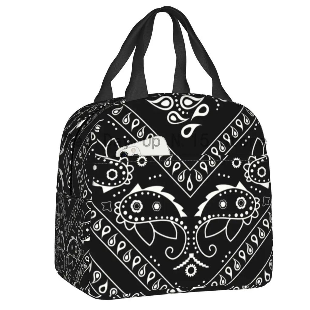 Schwarzweiß Paisley Chicano Bandana Stil Tragbare Lunchbox Damen Wasserdicht Kühler Thermisch Lebensmittel Isoliert Lunchtasche Schule