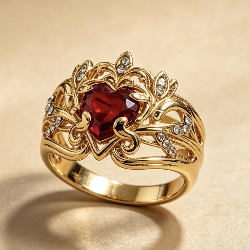 Nuovo Anello d'Oro con Zircone Rosso a Forma di Cuore Gioiello per Donne