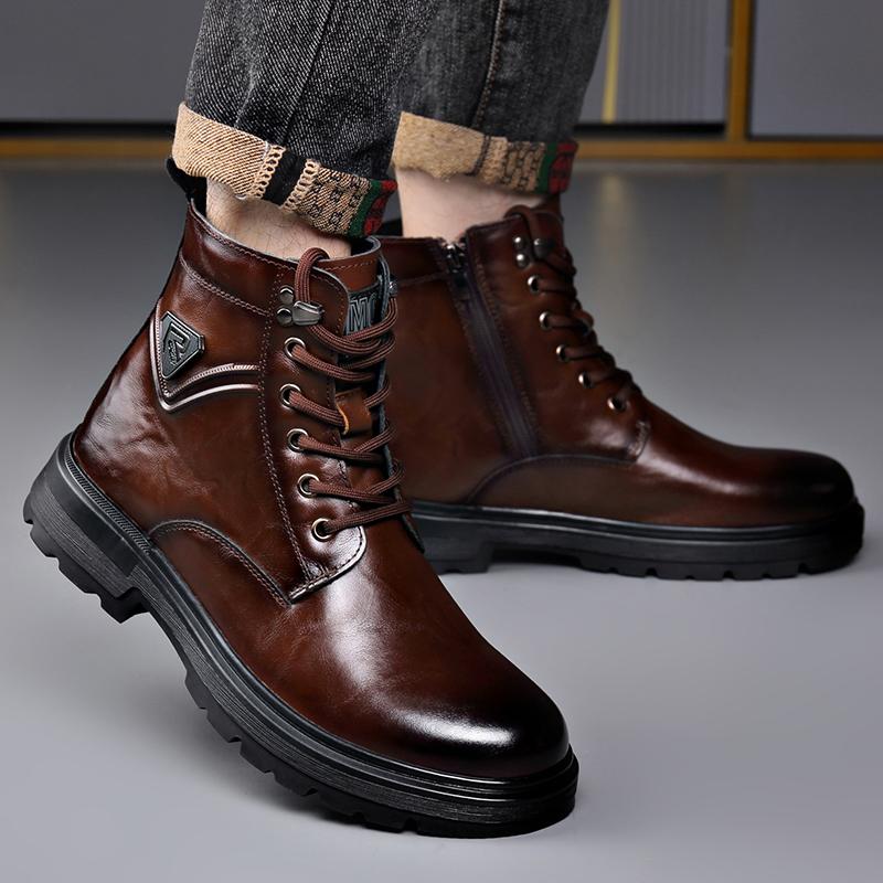 British Style Mens Winter Platform Snow Boots Fashion Genuine Leather Outdoor Antiskid Walking Ankle Boots Mens High Top Boots