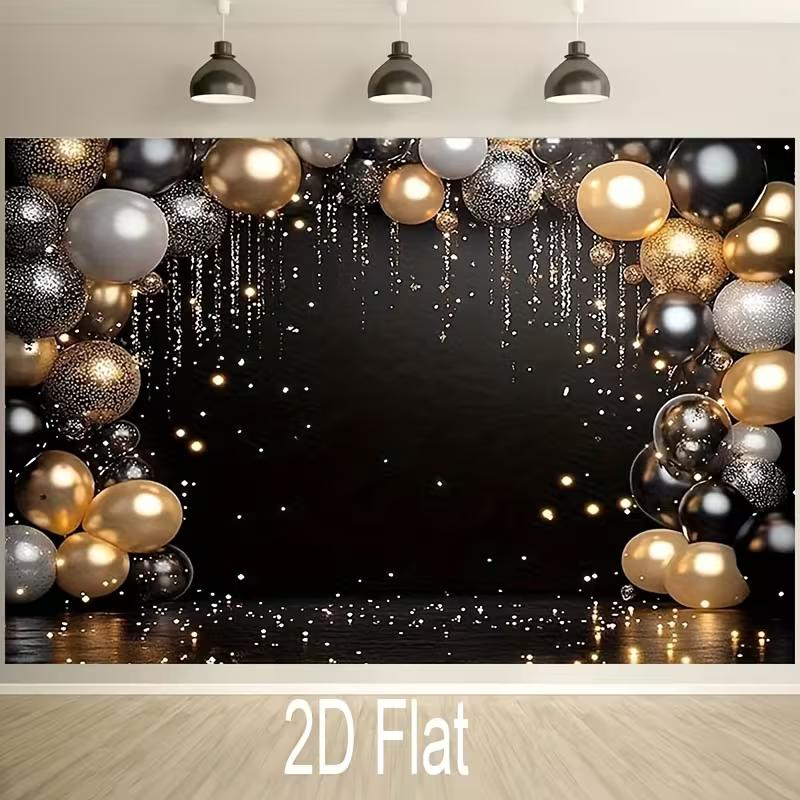 2D Black Gold Balloon Glitter Backdrop for New Year Birthday Prom Party Decor