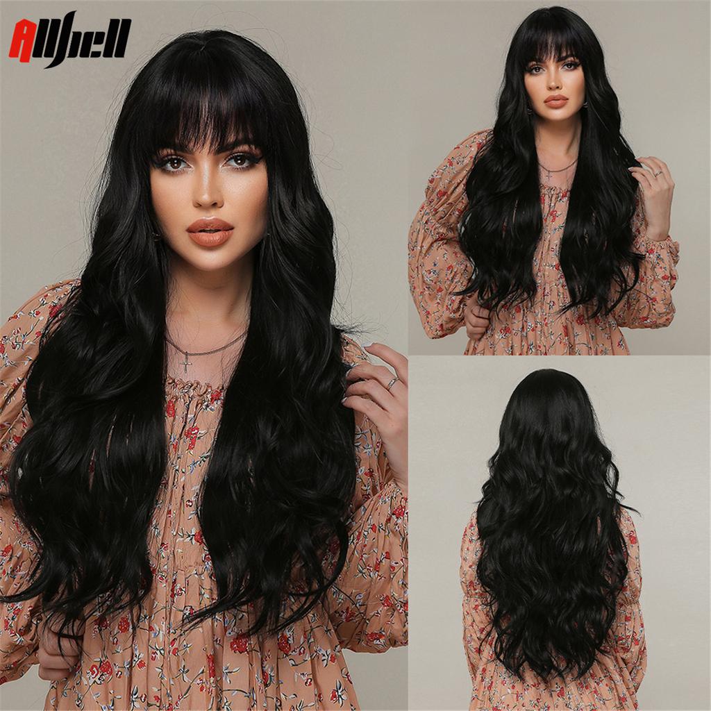 Lange gewellte braune Ombre-Synthetik-Perücken, natürliches Haar, gewellte Damen-Perücken mit Pony, hitzebeständig, tägliche Verwendung, Cosaply für schwarze Frauen