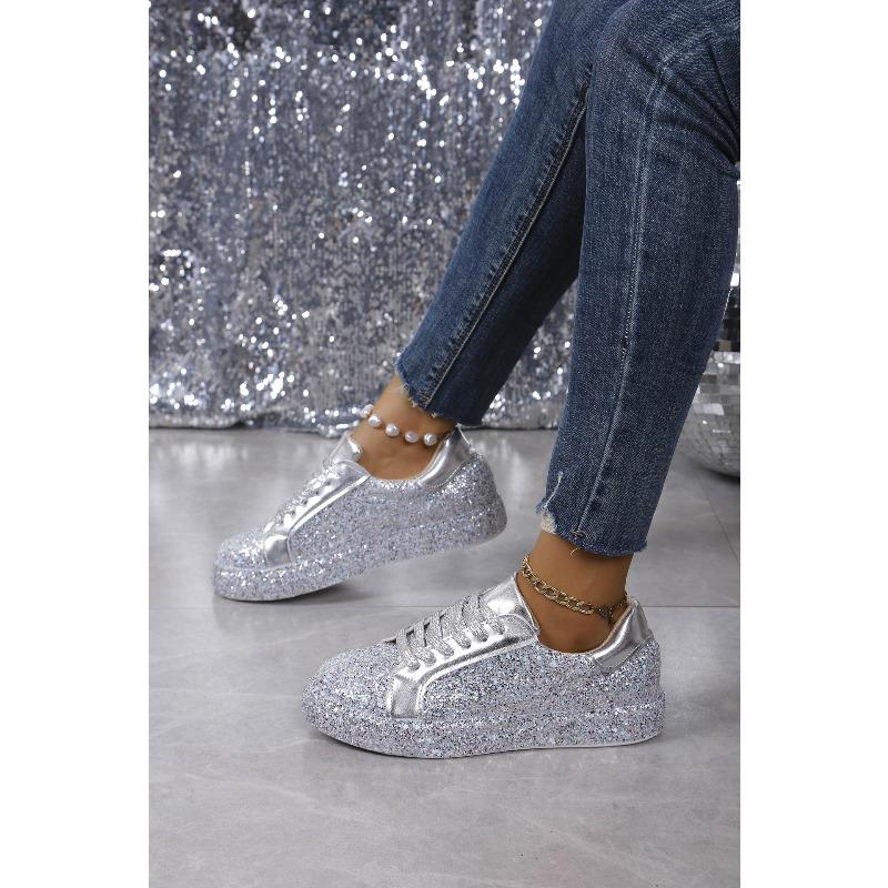 2025 Spring New Arrival Plus Size Lace-Up Women's Shoes Sequin-Embellished Round-Toe Casual Flats