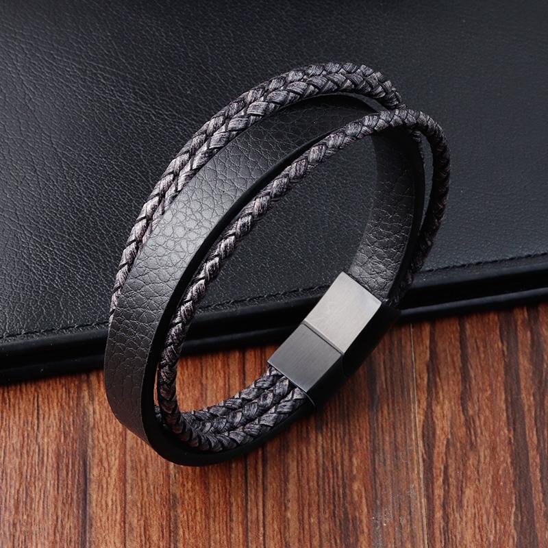 

Simple Style Custom Handmade Leather Buckle Stitching Combination Stainless Steel Men s Bracelet Magnet Big Promotion Gift 21cm